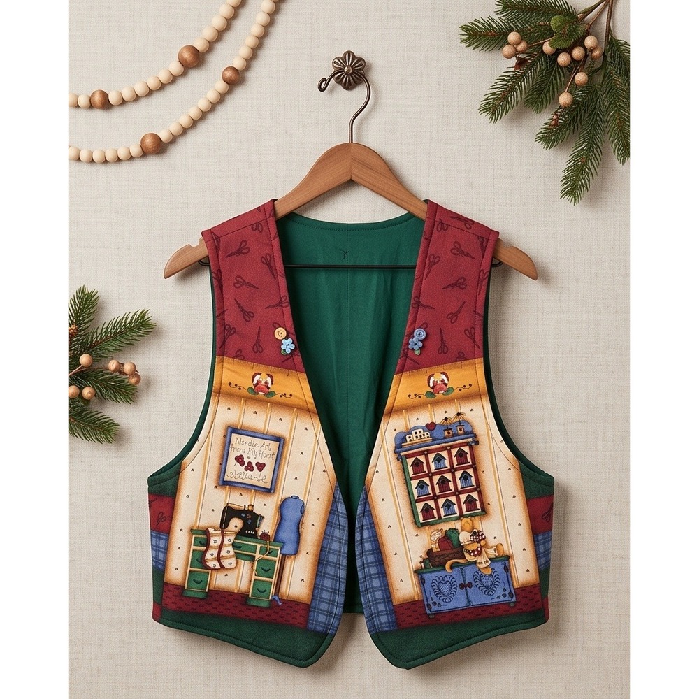 Vintage Handmade Quilted Cottagecore Open Front Vest Multicolored Cotton